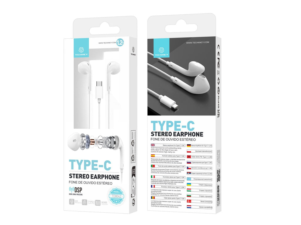 Techancy Auricular Estéreo Com Fios Type-C Branco TD8042, Chip Dsp Com Controlo De Volume Para Uma Utilização Confortável.