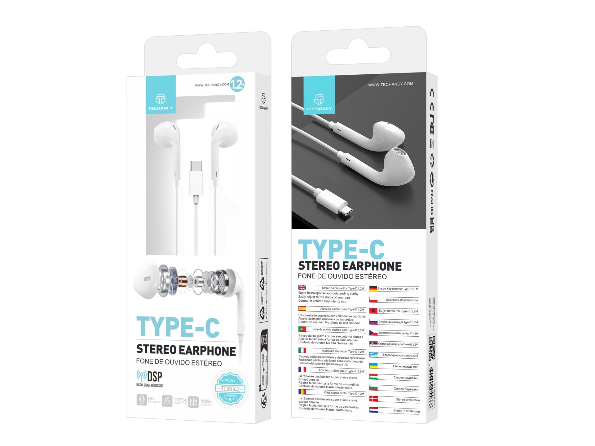 Techancy Auricular Estéreo Com Fios Type-C Branco TD8042, Chip Dsp Com Controlo De Volume Para Uma Utilização Confortável.