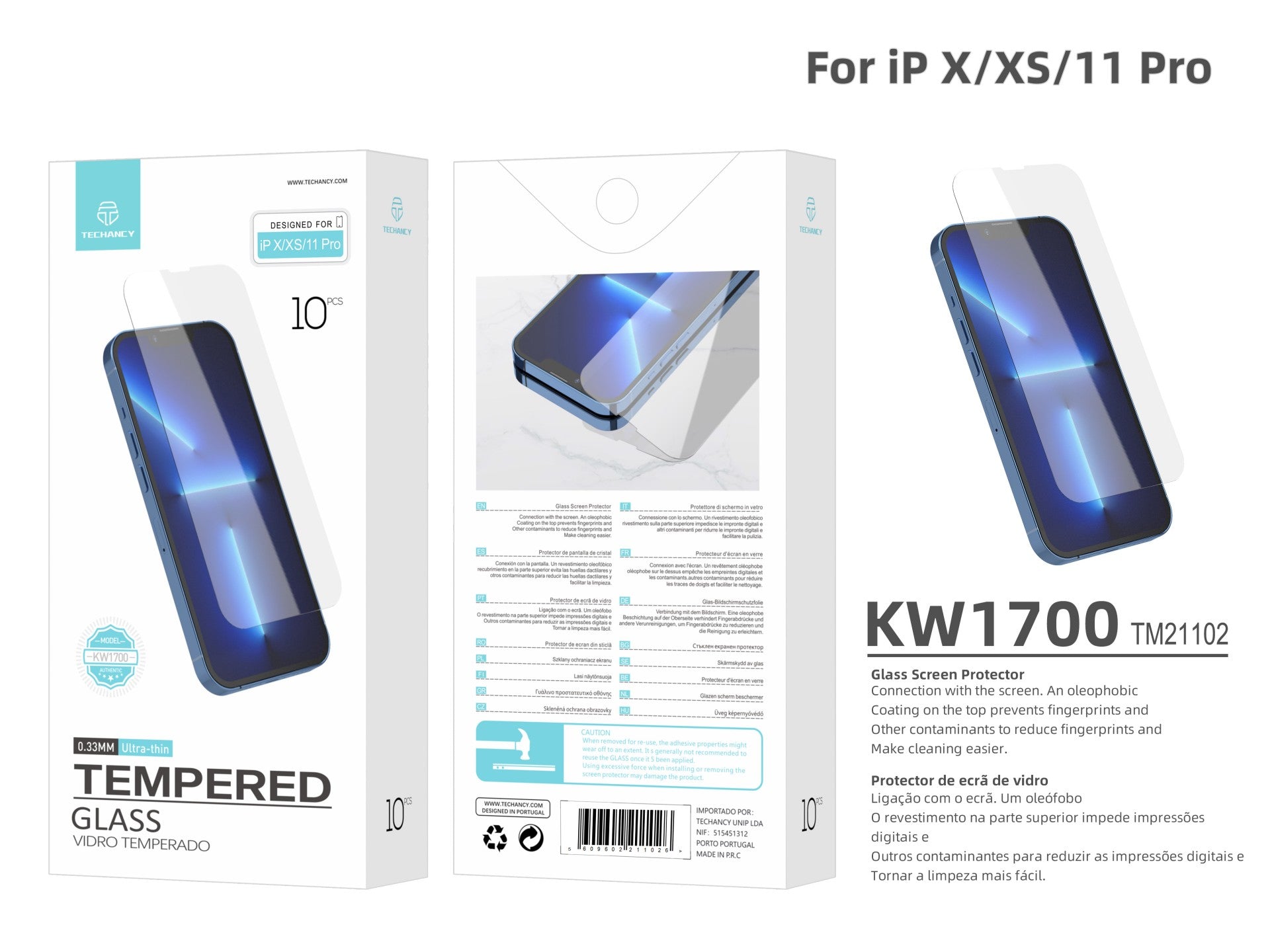 Techancy Película de Vidro Temperado  para iPhone X/Xs/11 Pro KW1700 , 0.33MM, Anti-riscos, Alta Transparência, Fácil Aplicação
