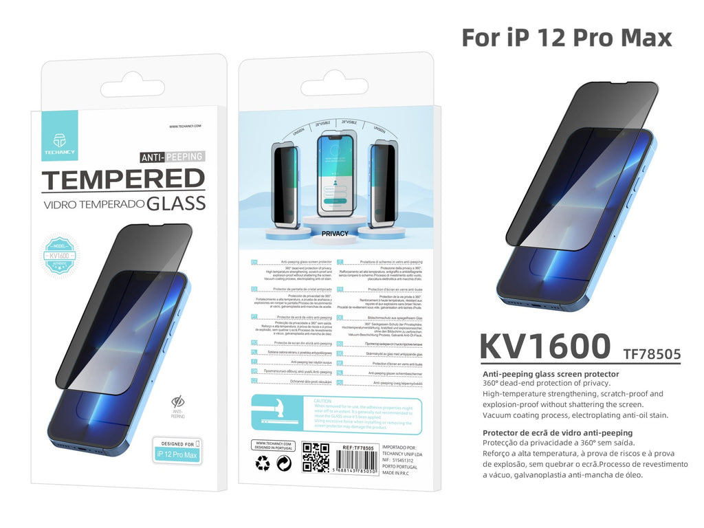 Protetor de ecrã premium para smartphone Techancy, protetor de privacidade, KV1600, compatível com iPhone 12 Pro Max