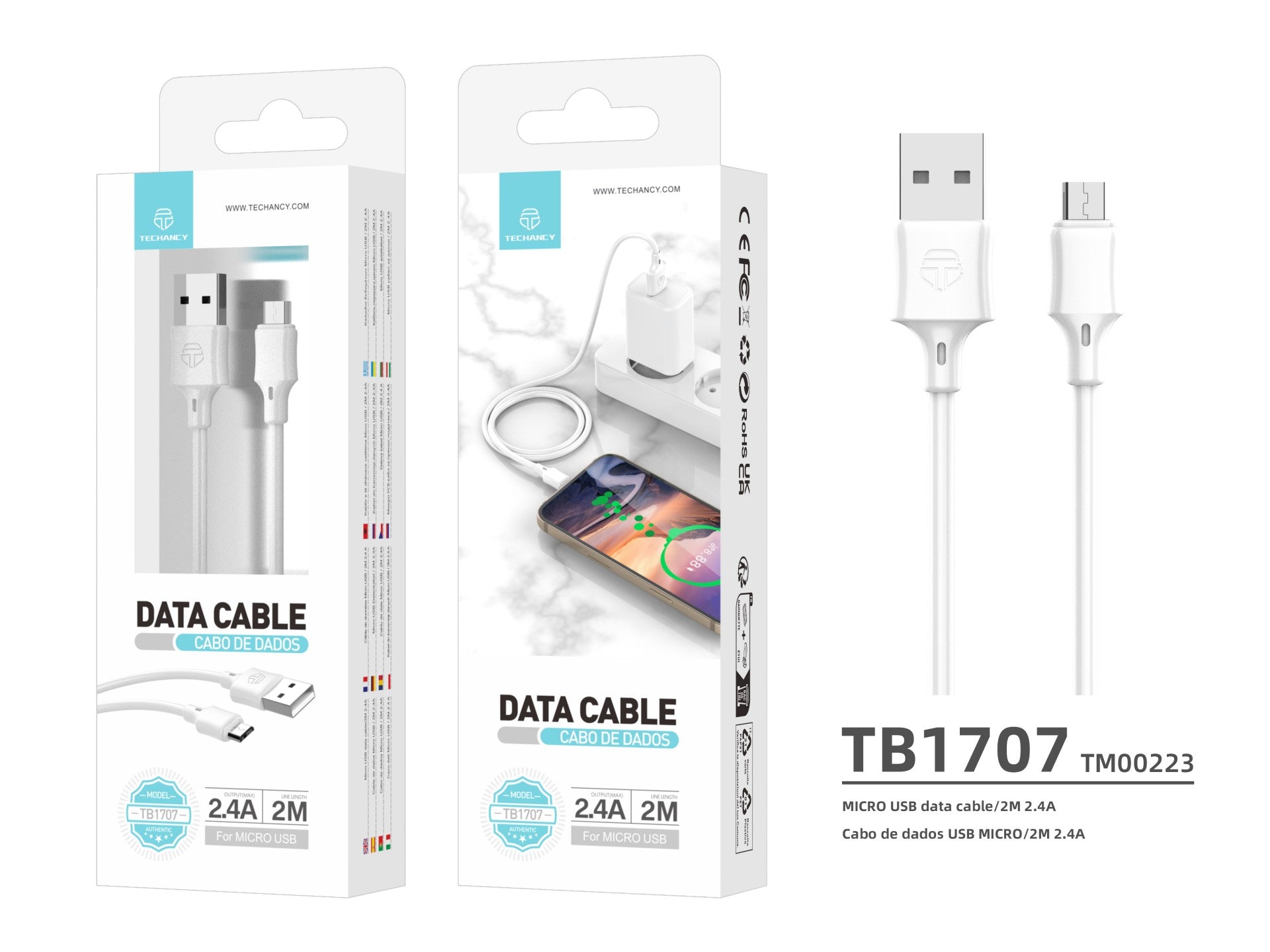 Techancy Cabo De Dados Usb-Micro Branco TB1707, 2 M De Comprimento, 2,4 A De Carregamento, Compatível Com Microdispositivos