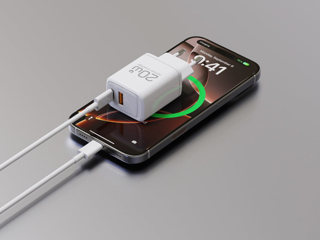 Techancy Carregador Rapido 20W PD3.0 Dupla Porta USB-C+USB-A Cabo 1m 60W Para iPhone/Samsung/Tablet Seguro e Duravel