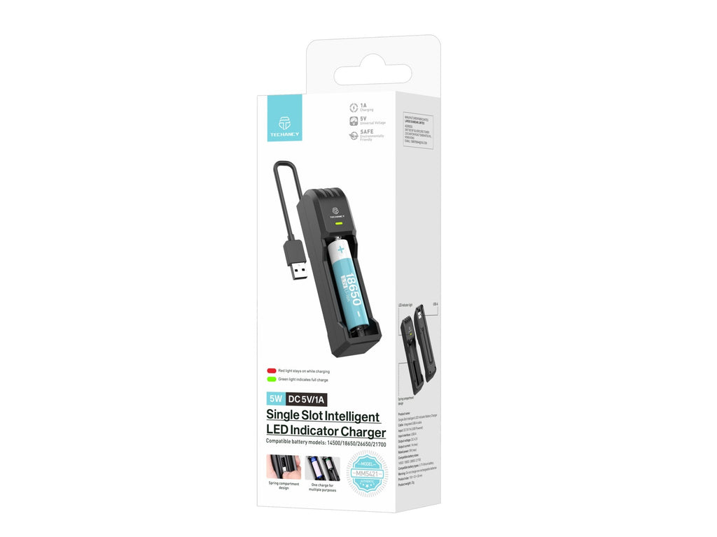 Techancy Carregador de bateria único MM5421 indicador LED compatível com 14500 18650 26650 21700 3.7V USB seguro portátil cor preta