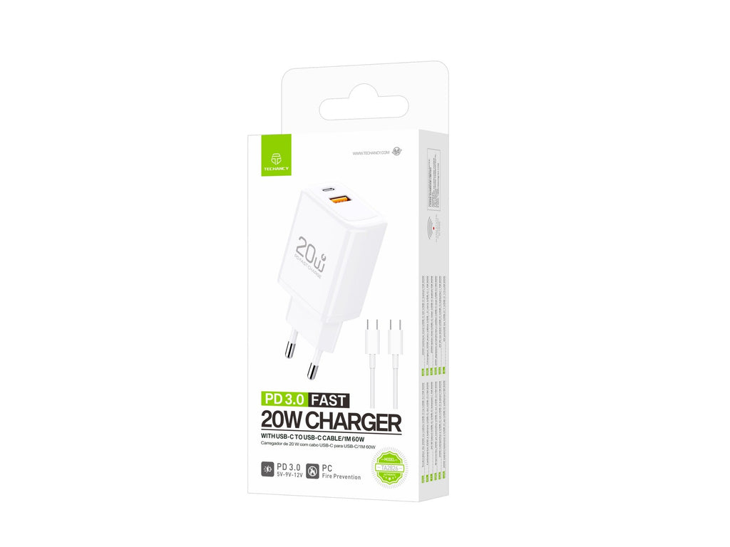 Techancy Carregador Rapido 20W PD3.0 Dupla Porta USB-C+USB-A Cabo 1m 60W Para iPhone/Samsung/Tablet Seguro e Duravel