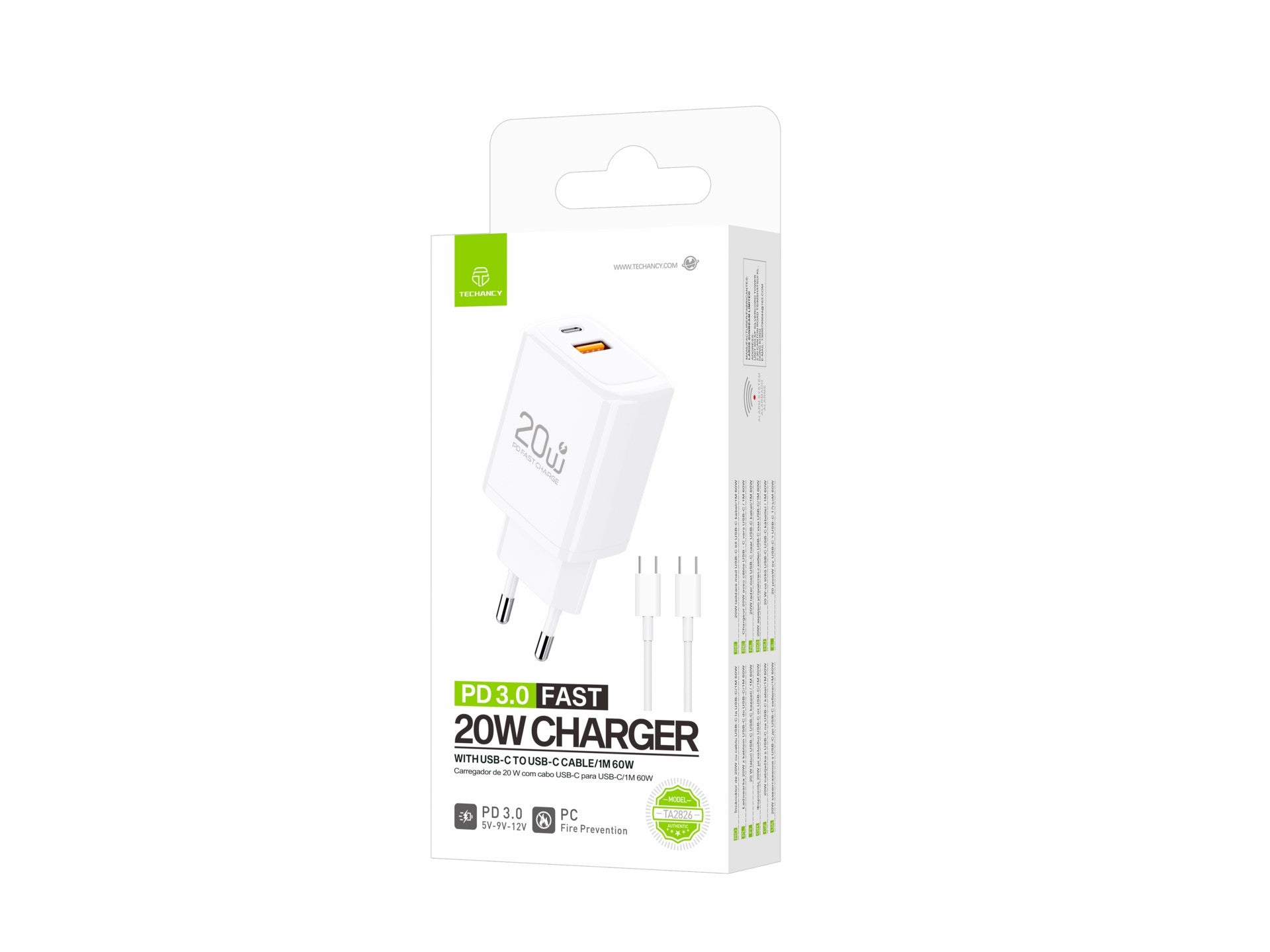 Techancy Carregador Rapido 20W PD3.0 Dupla Porta USB-C+USB-A Cabo 1m 60W Para iPhone/Samsung/Tablet Seguro e Duravel