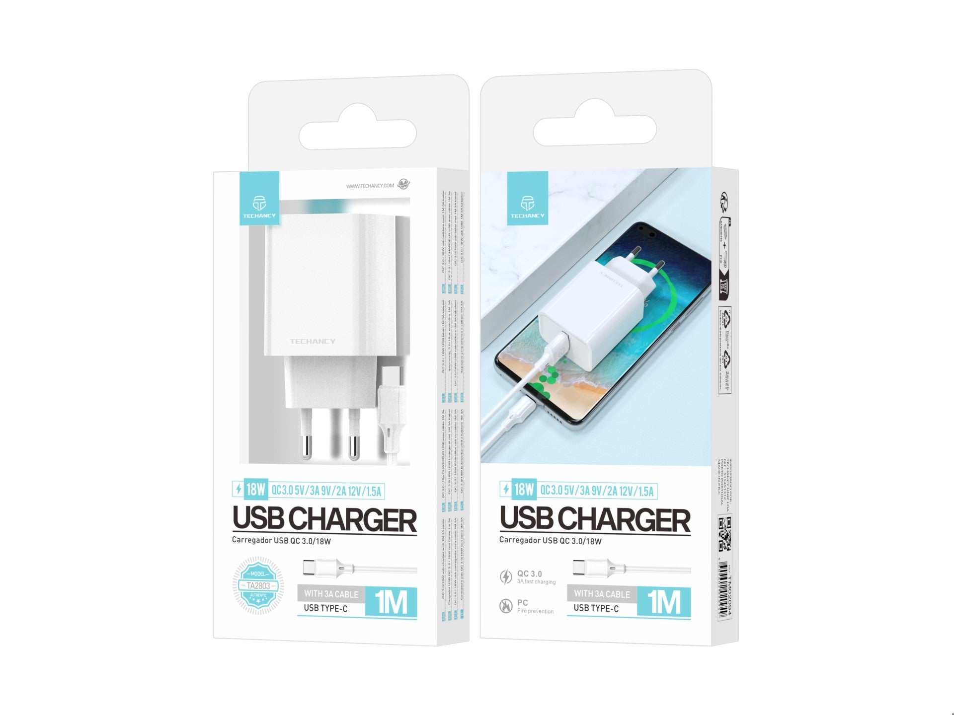 Techancy Carregador Qc3.0 18w Branco TA2803,Kit De Cabos Usb Type-C 3.0a,Compatível Com Samsung,Xiaomi,Huawei,Etc.，
