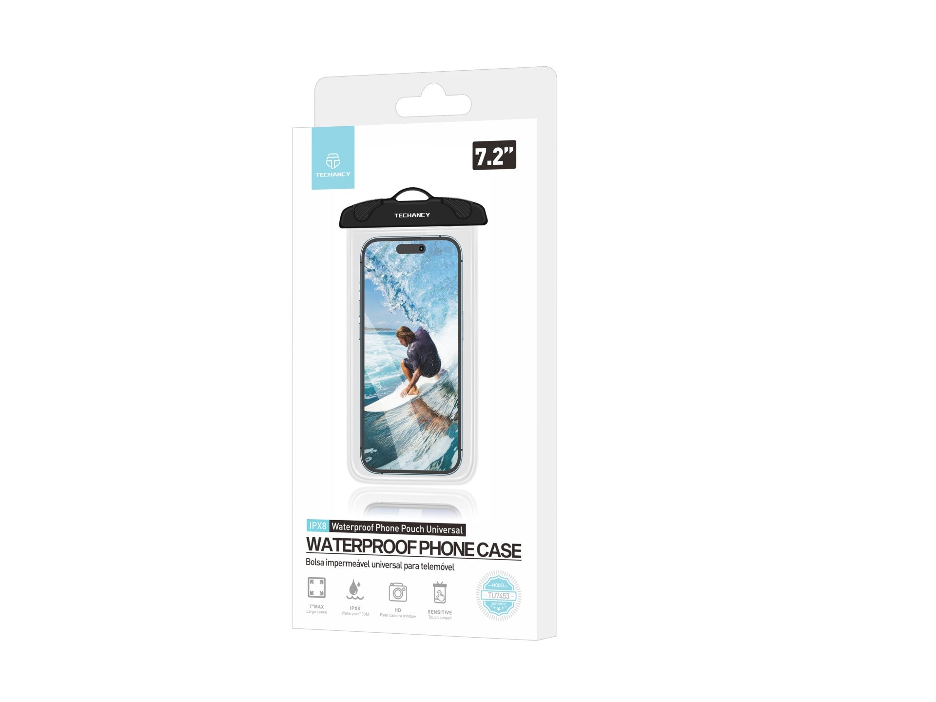 Techancy Capa De Telemóvel À Prova De Água Preta TU7453. Capacidade Extra Grande De 7,2 Polegadas, À Prova De Água Ipx8.