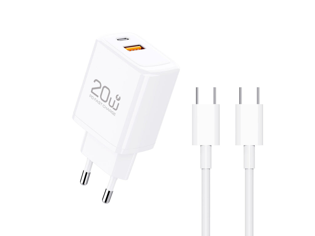 Techancy Carregador Rapido 20W PD3.0 Dupla Porta USB-C+USB-A Cabo 1m 60W Para iPhone/Samsung/Tablet Seguro e Duravel