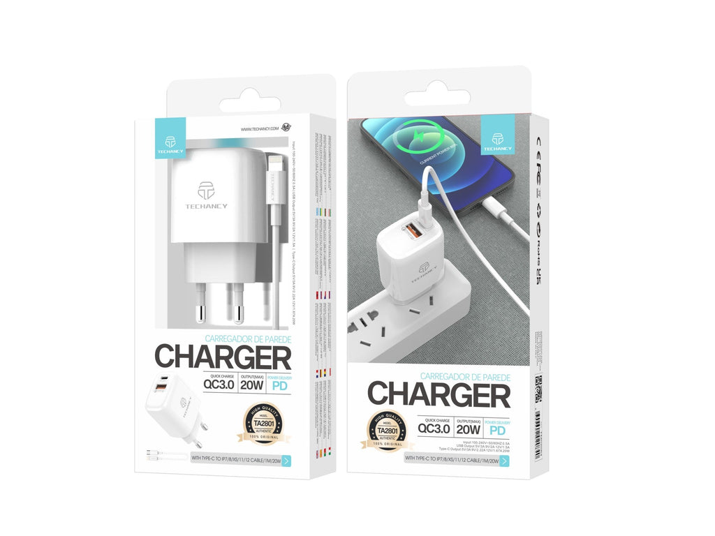 Techancy Carregador Branco De 20 W  TA2801, Compatível Com Pd E Qc3.0 Com Cabo Usb-C Branco De 1 M Para Lightning