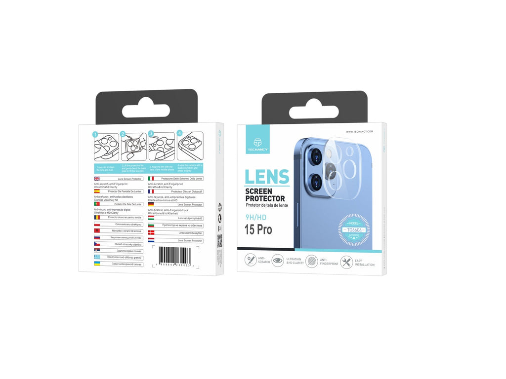Techancy Protetor de Lente  para iPhone 15 PRO TO6604, 9H Anti-riscos, Anti-digital, Ultrafino e HD, Fácil de Instalar