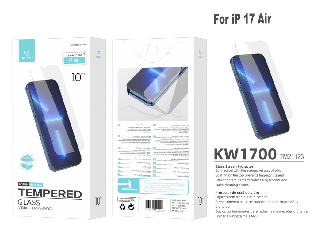 Techancy Pelicula de Vidro Temperado para iPhone 17 Air KW1700, 0.33MM Ultra Fino, Anti Impressao Digital, Anti Riscos, Transparente HD