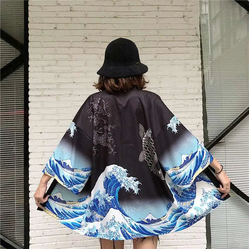 Japanese Wave Print Kimono Sun Protection Clothing
