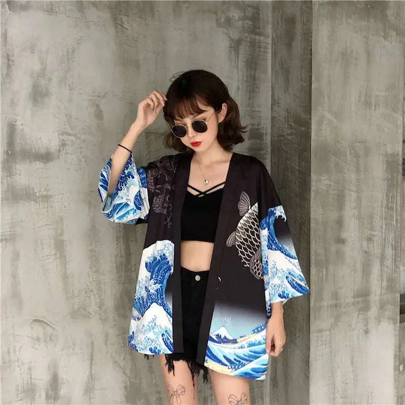 Japanese Wave Print Kimono Sun Protection Clothing