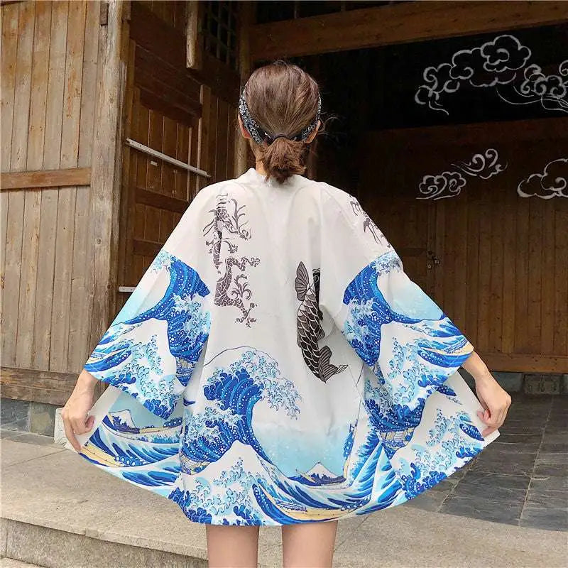 Japanese Wave Print Kimono Sun Protection Clothing