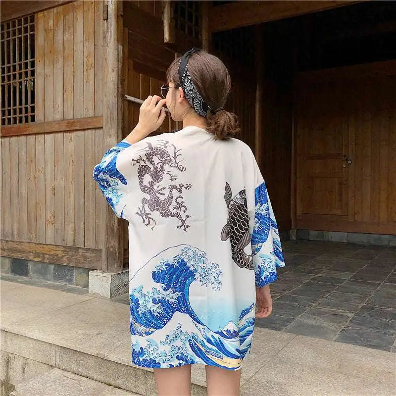 Japanese Wave Print Kimono Sun Protection Clothing