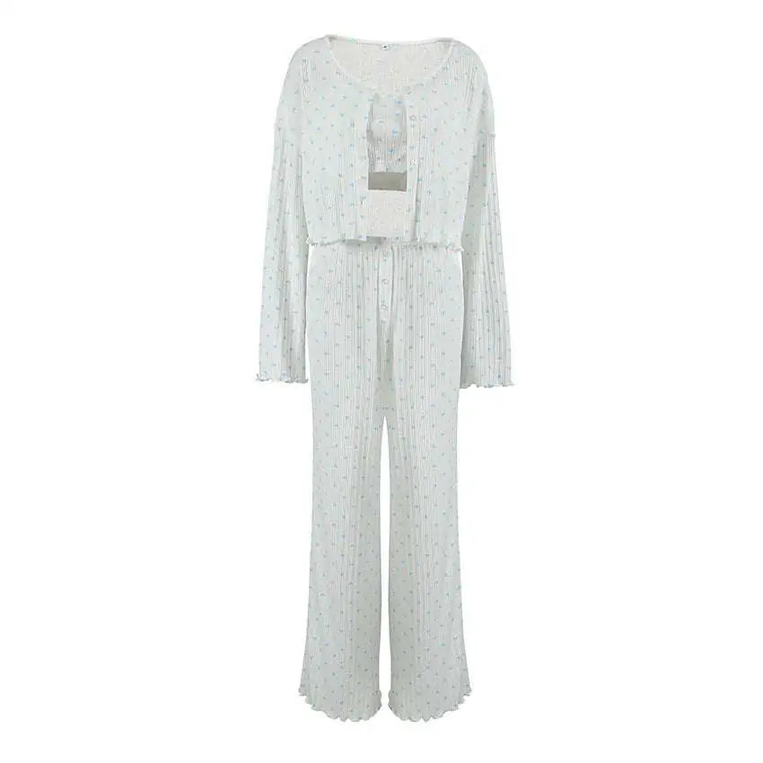 Knitted Heart Printing Ribbed Loungewear Set