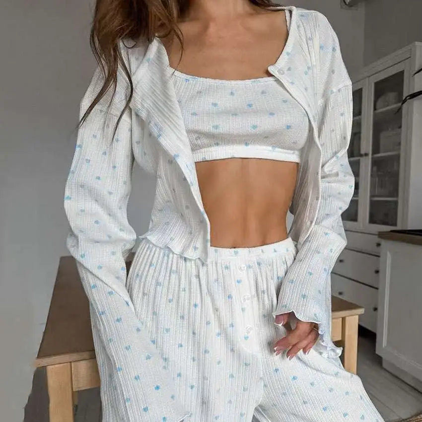 Knitted Heart Printing Ribbed Loungewear Set