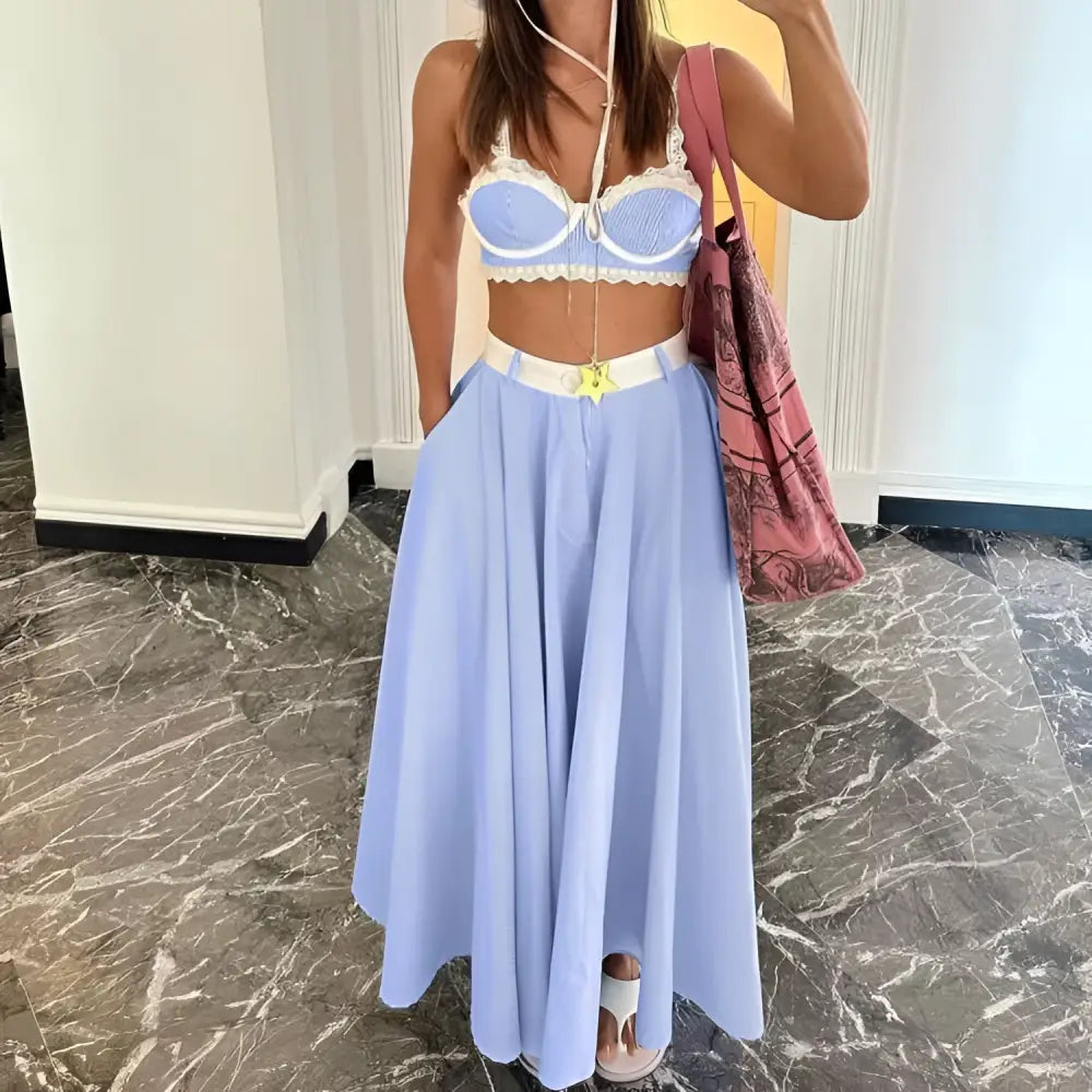 Lace Splicing Sling Vest and Big Swing Skirt Set