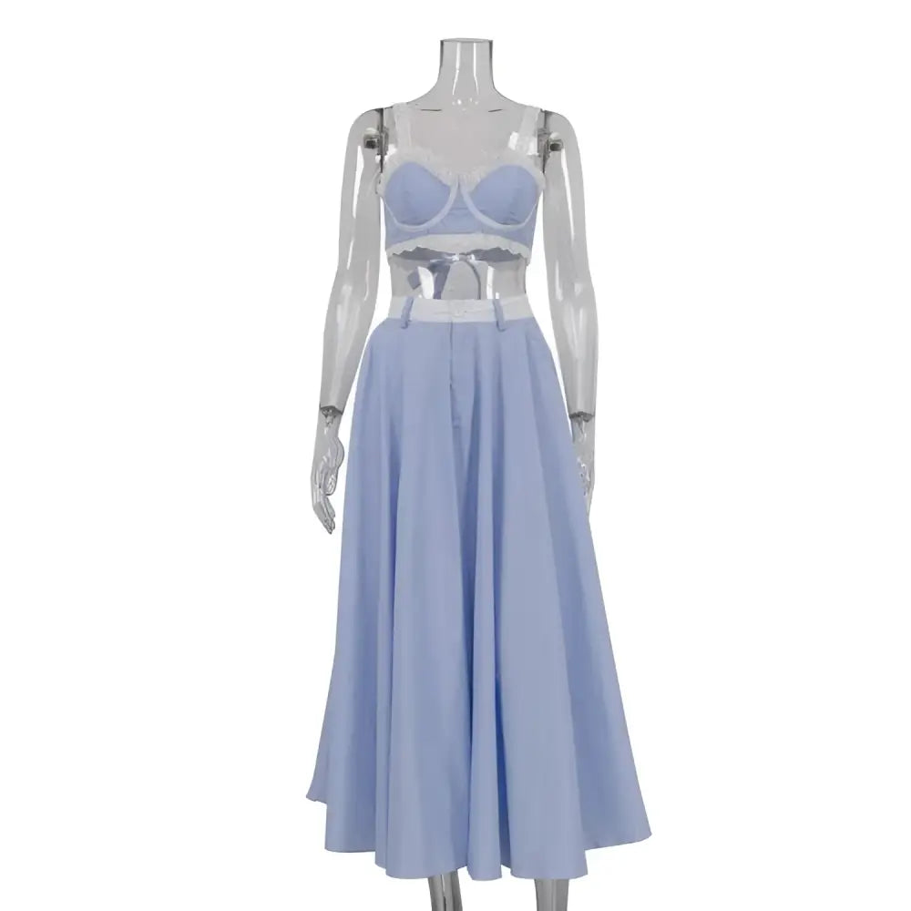 Lace Splicing Sling Vest and Big Swing Skirt Set