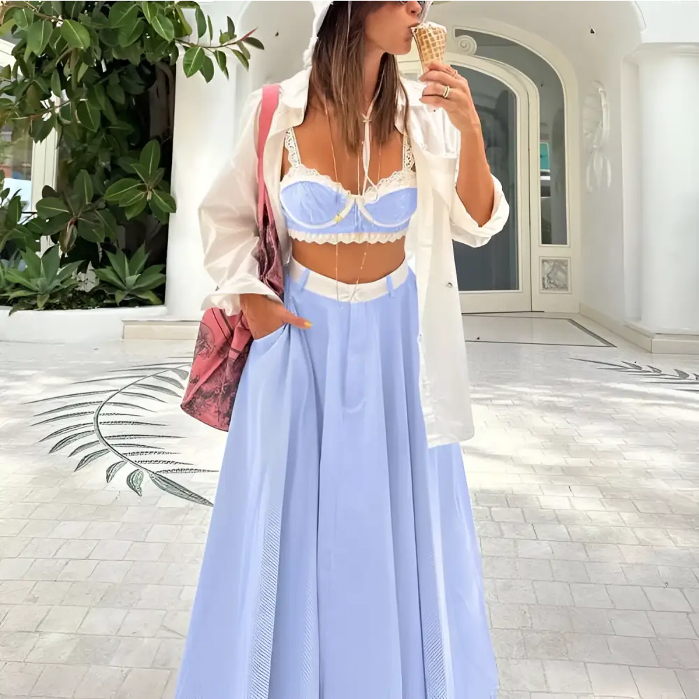 Lace Splicing Sling Vest and Big Swing Skirt Set