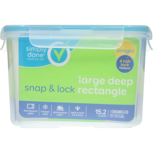 Simply Done Container & Lid, Snap & Lock, Large, Deep Rectangle, 121.7 Ounce