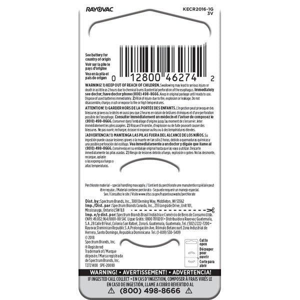 RAYOVAC Size 2016 3V Lithium Coin Cell Batteries
