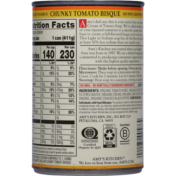 Amy's Kitchen Organic Low Sodium Chunky Tomato Bisque Soup