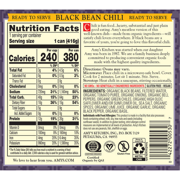 Amy's Kitchen Organic Low-Fat Medium Black Bean Chili
