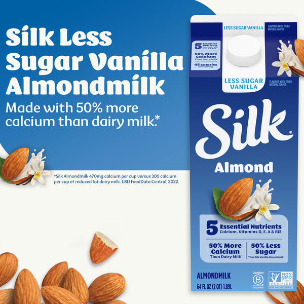 Silk Almond Milk, Less Sugar, Vanilla, Dairy Free, Gluten Free, Seriously Creamy Vegan Plant Based Milk with Great Taste and 5 Essential Nutrients, 64 fl oz Half Gallon