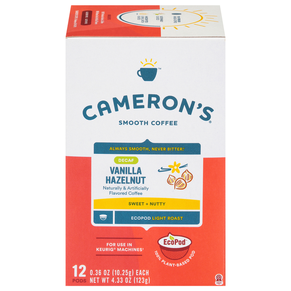 Cameron's Coffee, Smooth, Light Roast, Vanilla Hazelnut, Decaf, EcoPods