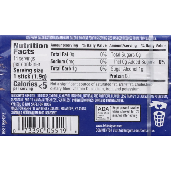 Trident Gum, Sugar Free, Perfect Peppermint