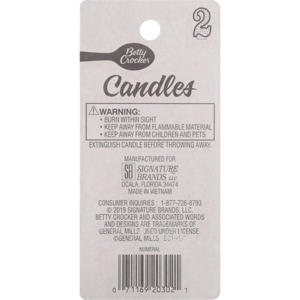 Betty Crocker Birthday Candle, Numeral 2, 3 Inch