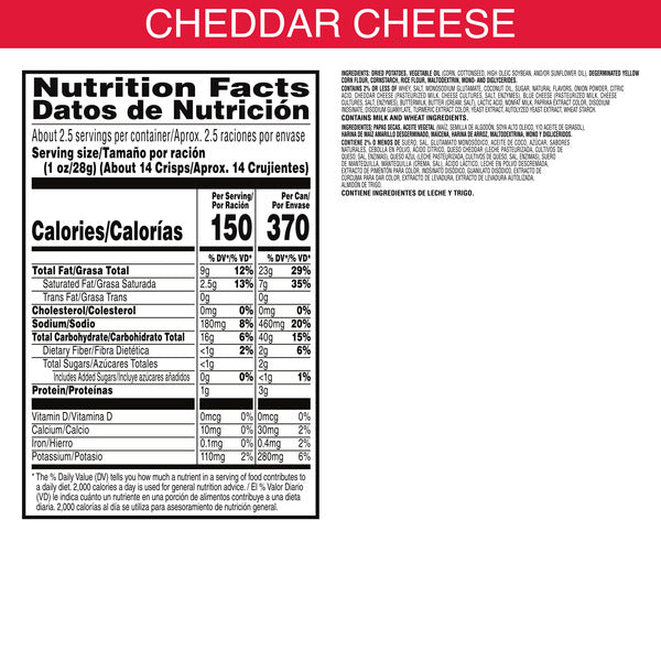Pringles Cheddar Cheese Potato Crisps Chips, Lunch Snacks, Grab N' Go Snack Pack, 2.5 oz
