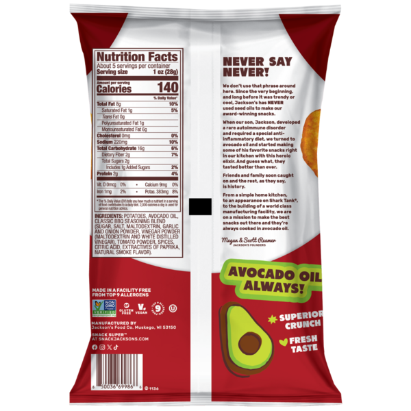 Jackson's Chips  Barbecue Avocado Oil Cooked Kettle Chips
