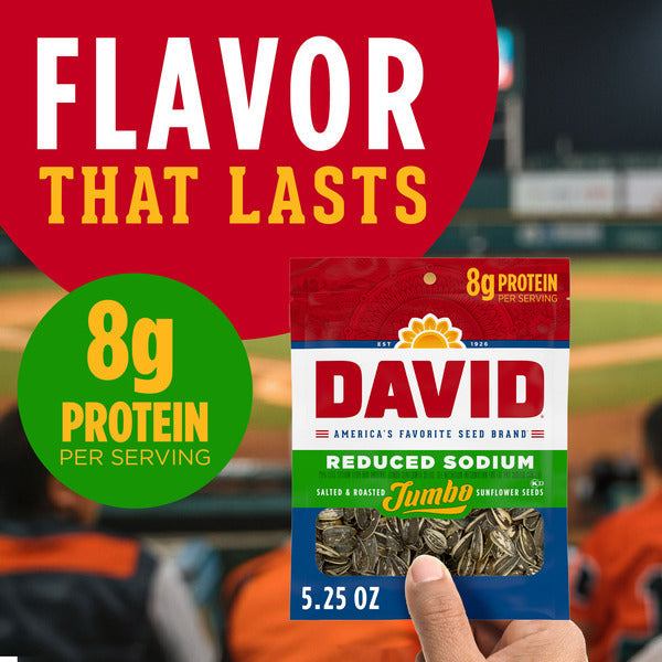 DAVID Reduced Sodium Salted and Roasted Jumbo Sunflower Seeds Keto Friendly Snack