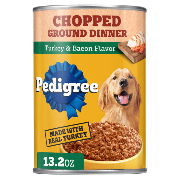 Pedigree Chopped Ground Dinner Adult Soft Wet Dog Food Turkey & Bacon Flavor, (12) 13.2 oz. Cans