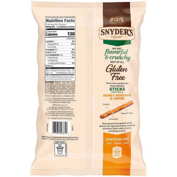 Snyder's of Hanover Honey Mustard and Onion Gluten Free Pretzel Sticks