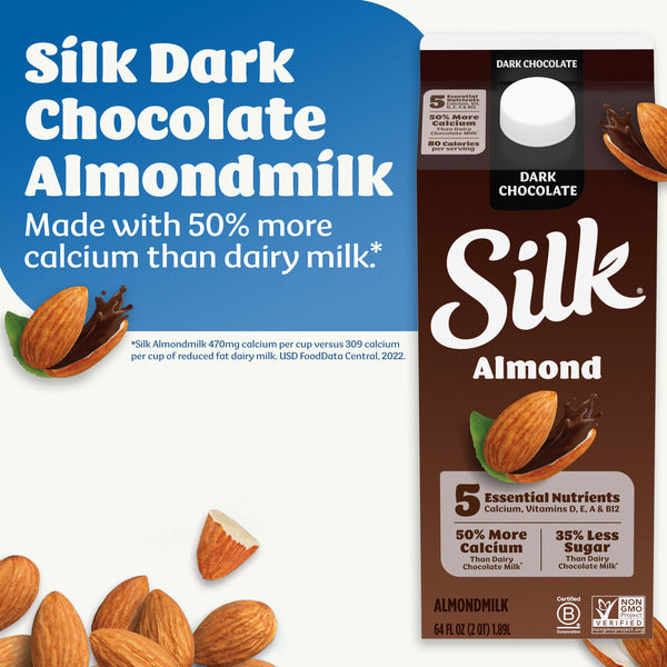 Silk Almond Milk, Dark Chocolate, Dairy Free, Gluten Free, Seriously Creamy Vegan Plant Based Milk with 5 Essential Nutrients, 64 fl oz Half Gallon