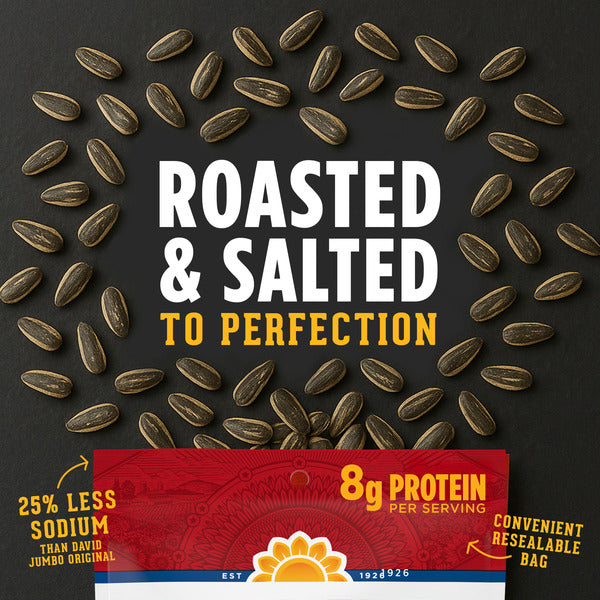 DAVID Reduced Sodium Salted and Roasted Jumbo Sunflower Seeds Keto Friendly Snack
