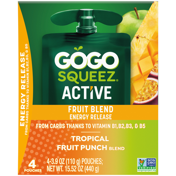 GoGo Squeez Active Energy No Sugar Added Tropical Fruit Blend Pouches