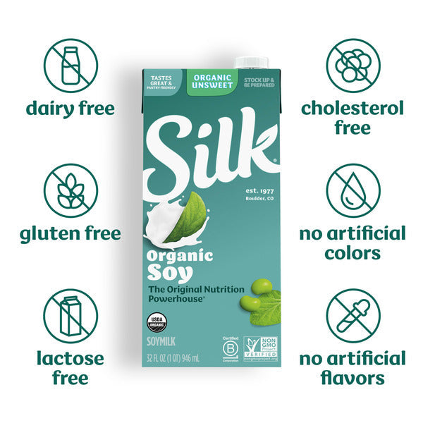 Silk Soy Milk, Organic Unsweet, Shelf Stable, Dairy Free, Lactose Free, Vegan Milk with 8g Protein per Serving, 32 FL OZ Quart