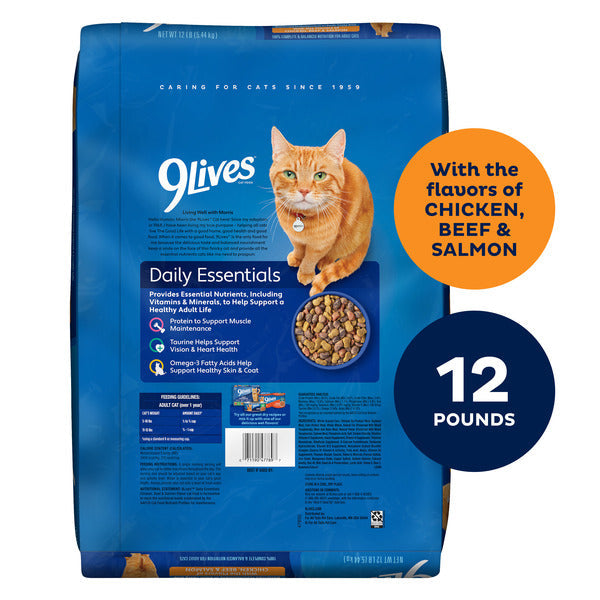 9Lives Daily Essentials Dry Cat Food for Adult Cats with Chicken, Beef & Salmon Flavors, 12 lb. Bag