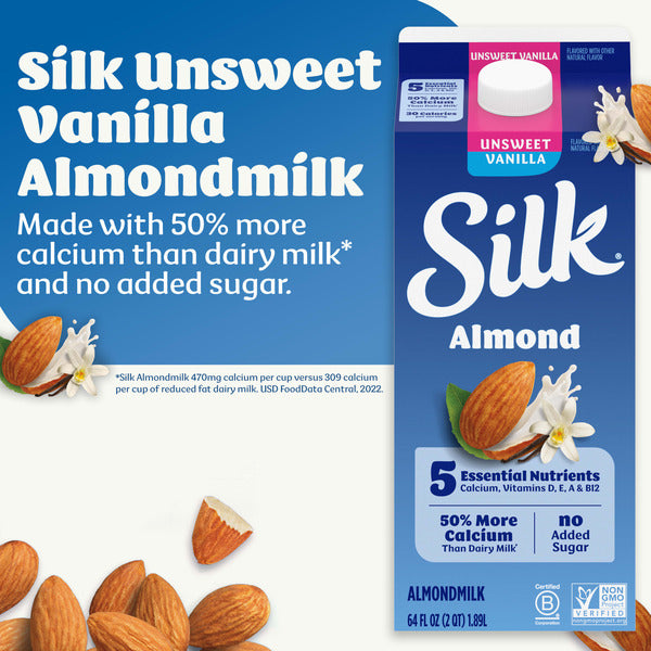 Silk Almond Milk, Unsweet Vanilla, Dairy Free, Gluten Free, Seriously Creamy Vegan Plant Based Milk with 5 Essential Nutrients, 64 fl oz Half Gallon