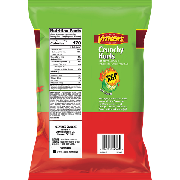 Vitner's Corn Snack, Hot Chili Lime Flavored, Crunchy Kurls, Sizzlin' Hot