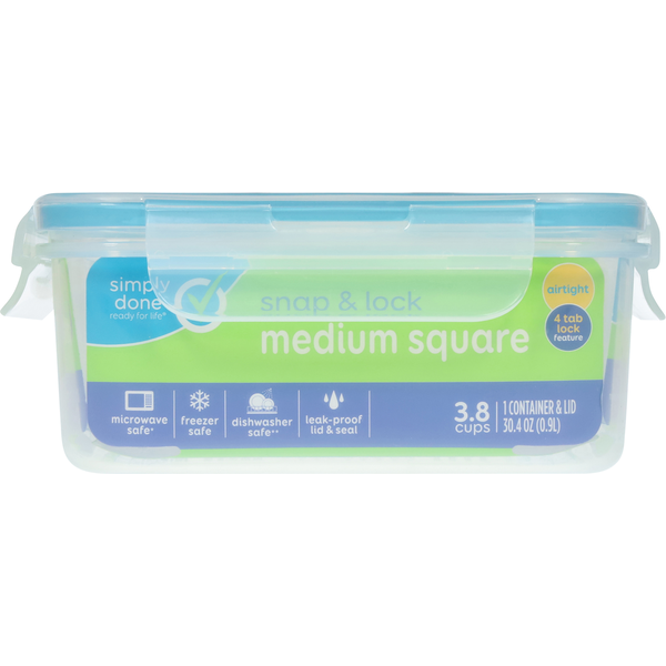 Simply Done Container & Lid, Snap & Lock, Medium, Square, 30.4 Ounce