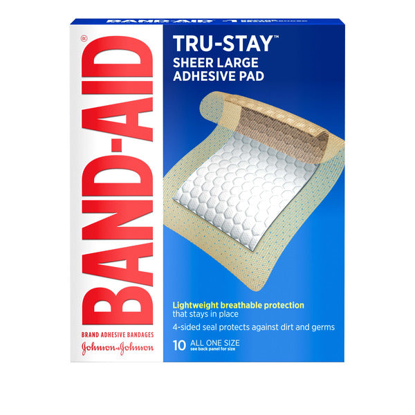 BAND-AID Tru-Stay Adhesive Pads, Large Sterile Sheer Bandages for First Aid & Wound Care, Large Pad Covers & Protects Minor Cuts, Scrapes & Burns, Lightweight, Large Size, 10 ct