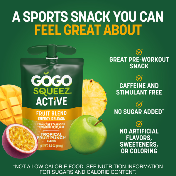 GoGo Squeez Active Energy No Sugar Added Tropical Fruit Blend Pouches