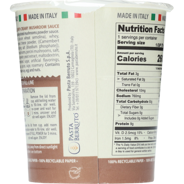 Berruto Italian Tagliatelle with Creamy Mushroom Sauce Pasta Cup