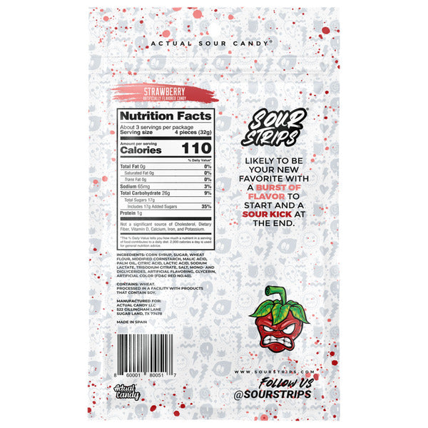 SOUR STRIPS Strawberry Flavored Chewy, Candy Bag, 3.4 oz