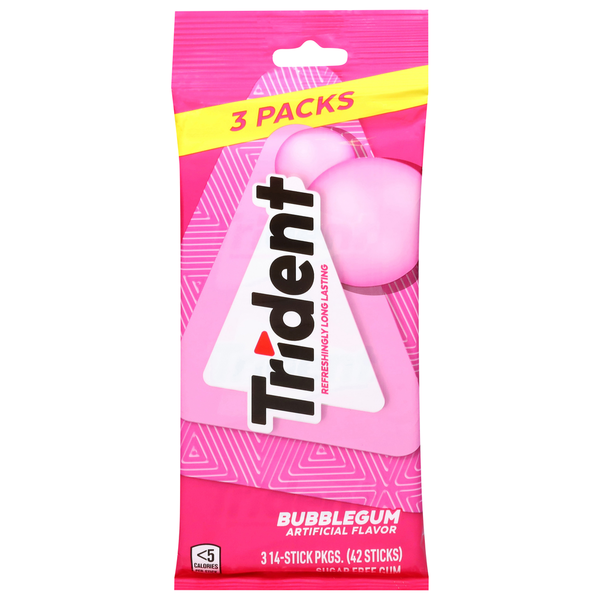 Trident Gum, Sugar Free, Bubblegum, 3 Packs